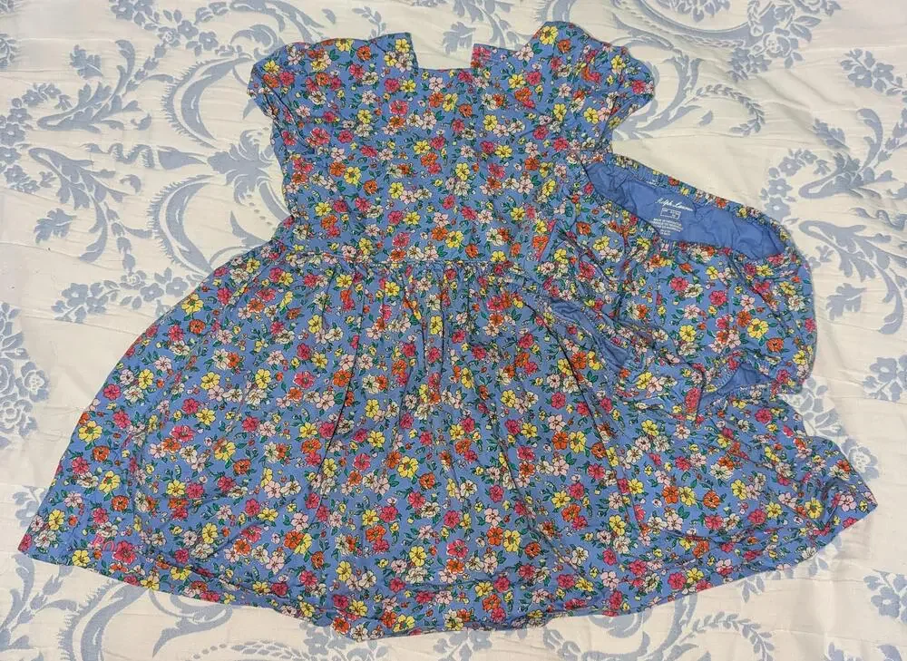 Ralph Lauren Dress & Bloomers Girls 6M Blue Floral Puff Sleeve Lined